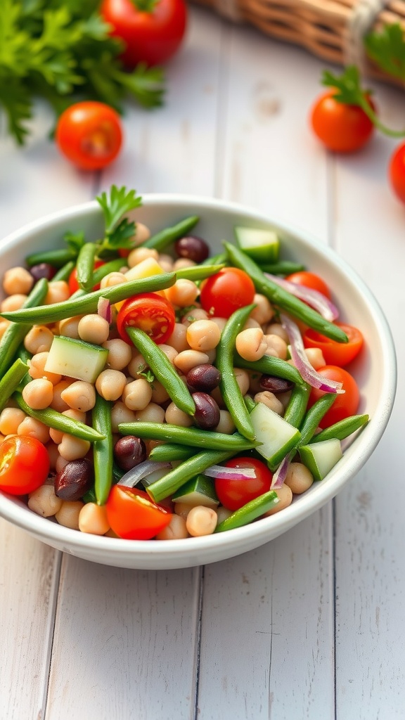 A colorful three bean salad with fresh vegetables in a bowl, arranged on a wooden table.